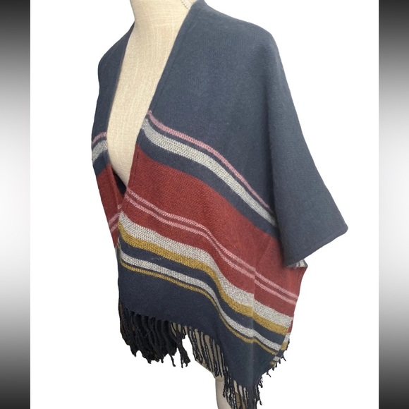 HOLLISTER Poncho Women's Navy Blue Multi Color Blanket Fringe Hem XS/S - Picture 2 of 10